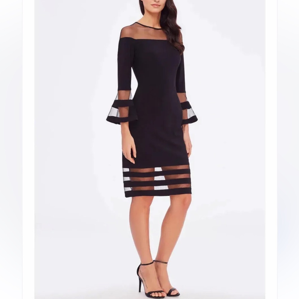 Betsy & Adam Bell Sleeve Illusion Fitted Sheath Dress in Black, Cocktail Sz 8P